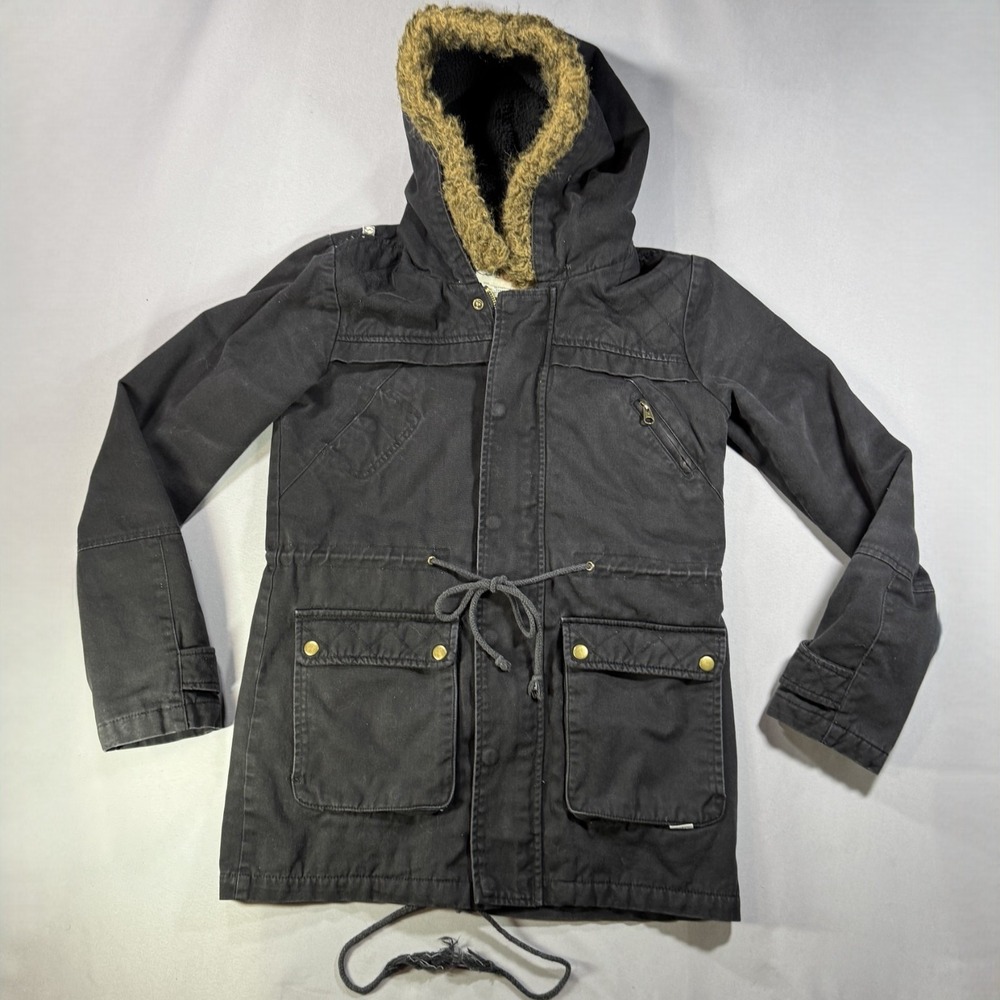 Billabong Womens Medium Black Sherpa Lined Hooded Parka Jacket Lace Up Back